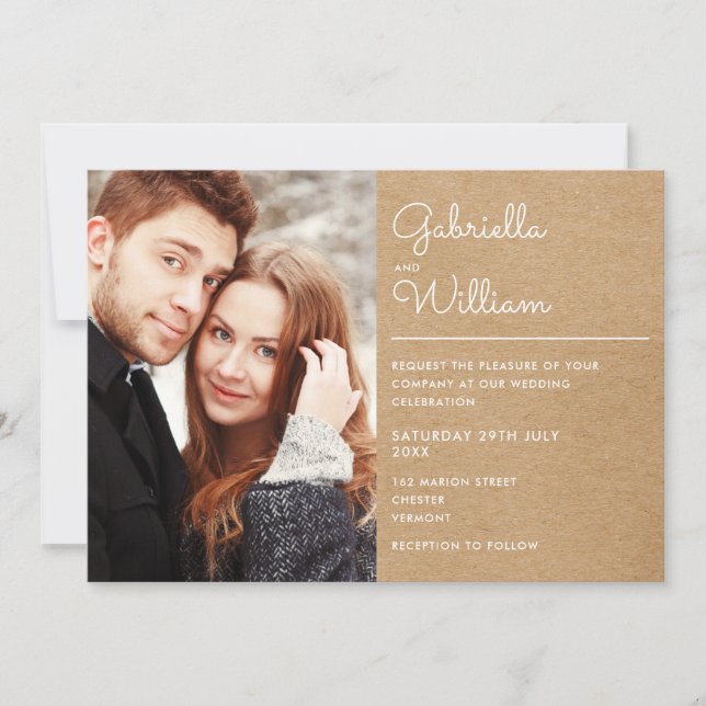 Convites Casamento de Foto Rustic Kraft do Script Moderno (Frente)