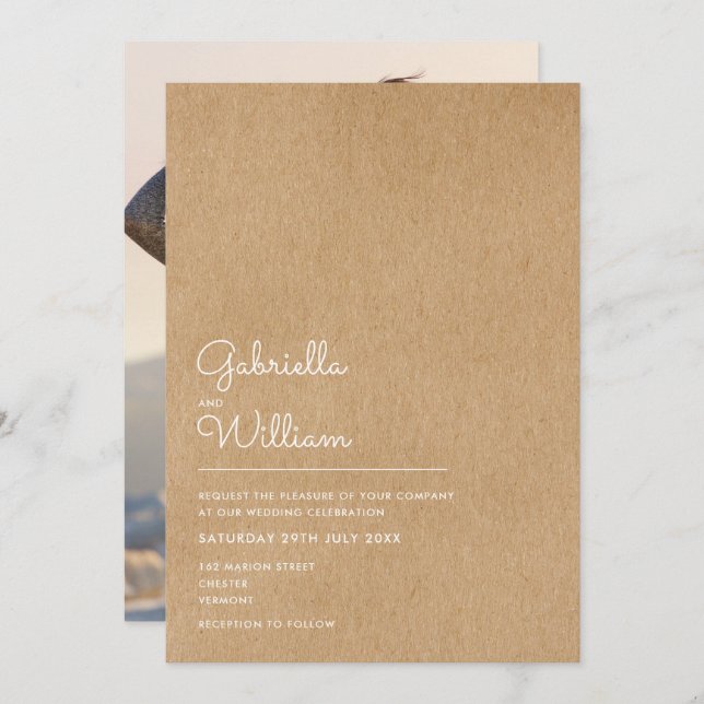 Convites Casamento de Foto Rustic Kraft, Script Natural Sim (Frente/Verso)