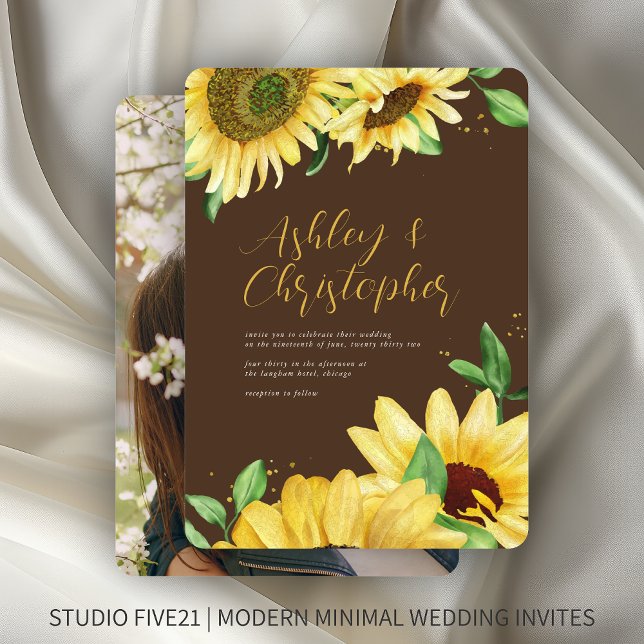 Convites Casamento de Foto Rustic Sunflower Brown (Criador carregado)