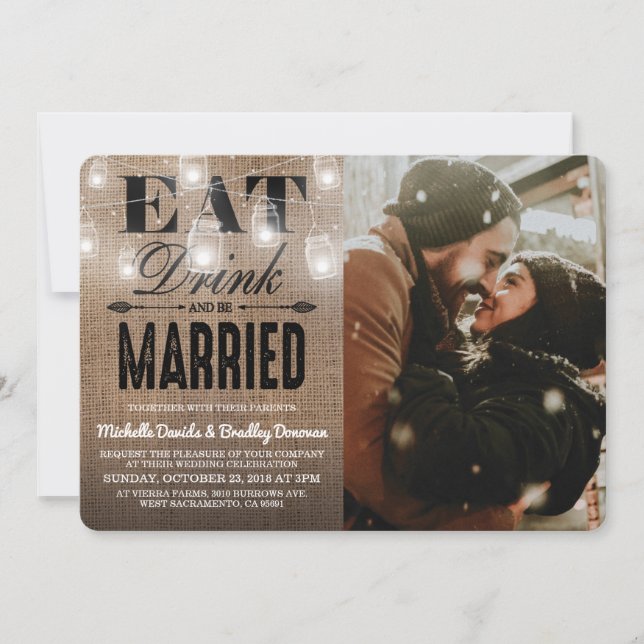 Convites Casamento de Foto Rústica Comer Beber e se Casar (Frente)