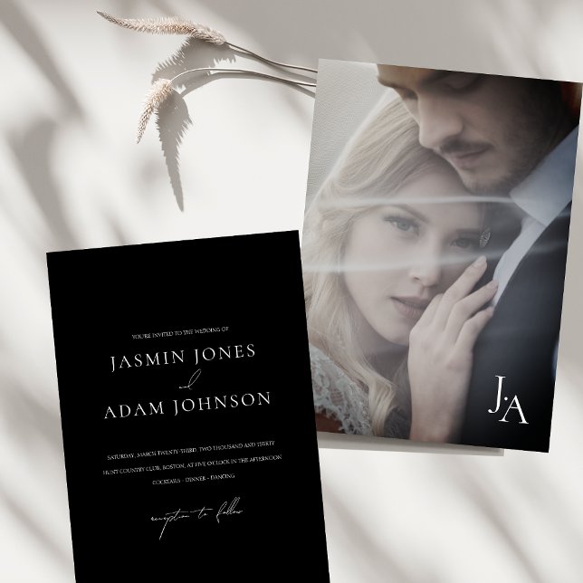 Convites Casamento de Foto Simples de Monograma Preto Minim (Minimalist Black Simple Monogram Photo Wedding Invitation)