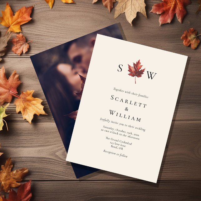 Convites Casamento de Foto Simples Fall Leaf Cream Monogram (Criador carregado)