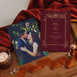 Convites Casamento de Foto Simples Floral Dourado Burgundy