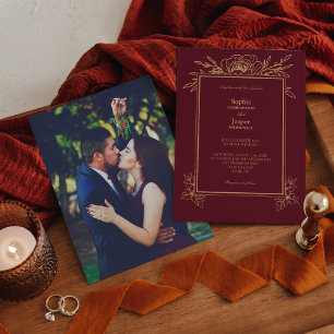 Convites Casamento de Foto Simples Floral Dourado Burgundy