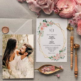 Convites Casamento de Foto Simples Monograma Branco Blush F