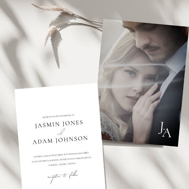 Convites Casamento de Foto Simples Monograma Branco Minimal (Minimalist White Simple Monogram Photo Wedding Invitation)