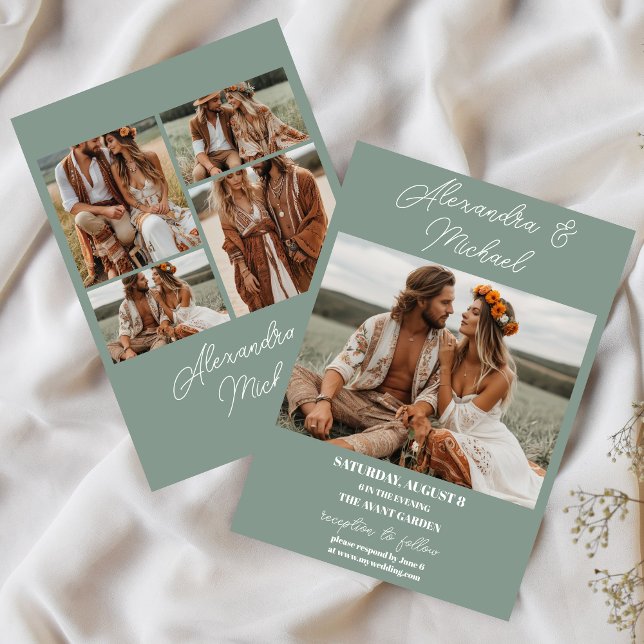 Convites Casamento de Foto Verde-Azul Moderno (Criador carregado)