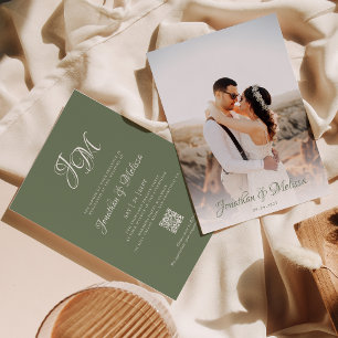 Convites Casamento de Foto Verde do Script Monograma do Cód