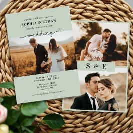 Convites Casamento de Foto Verde Sage com Roteiro Moderno