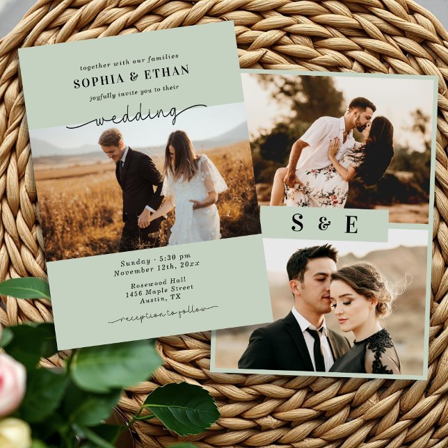 Convites Casamento de Foto Verde Sage com Roteiro Moderno (Criador carregado)