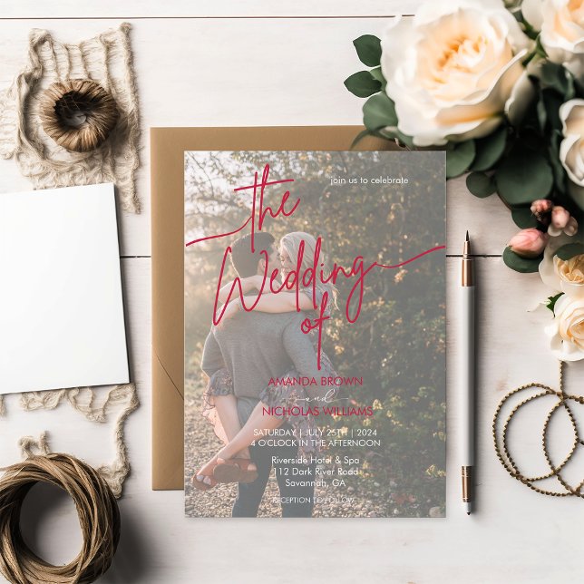 Convites Casamento de Foto Vermelha Magenta Minimalista Mod (Criador carregado)