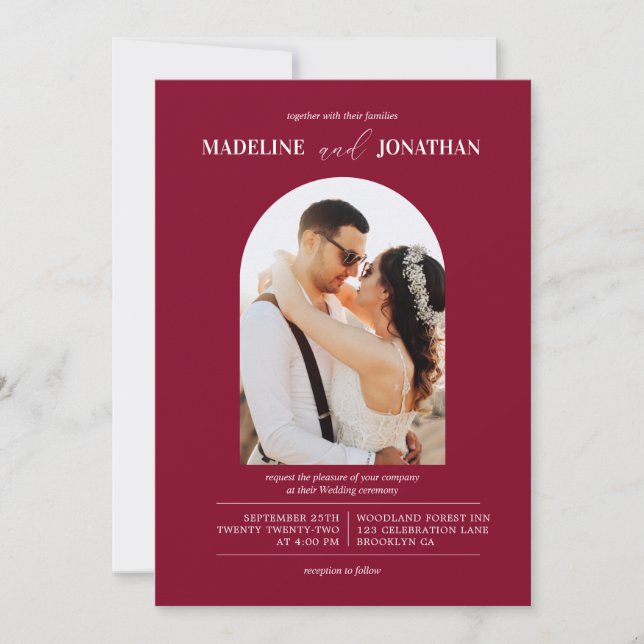 Convites Casamento de Foto Vermelha Moderna Minimalista Bur (Frente)