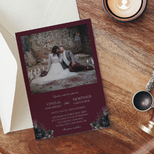 Convites Casamento de Foto Vintage com Borgonha Floral Escu