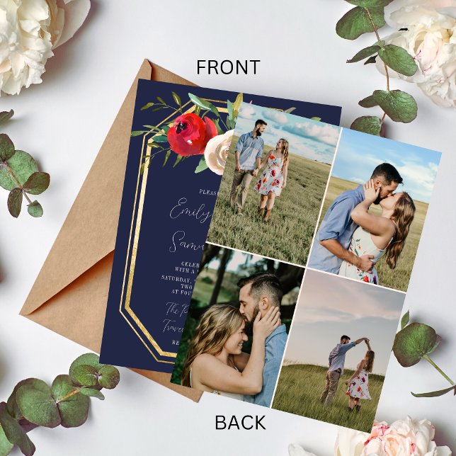 Convites Casamento de Fotografia Azul-Borgonha com Marinho  (Criador carregado)