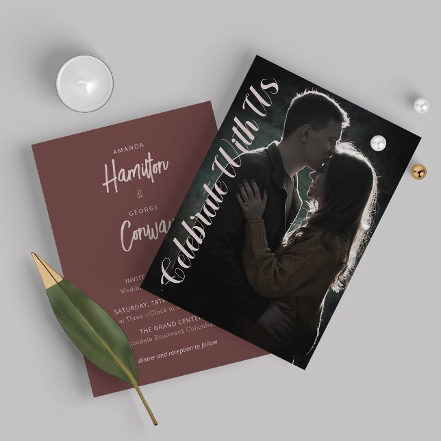 Convites Casamento de Fotografia com Rosa do Elegante Scrip (Criador carregado)