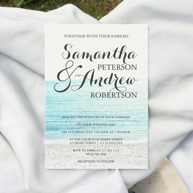 Convites Casamento de fotografia de praia tropical moderna  (Elegant modern tropical beach photography wedding invitation)