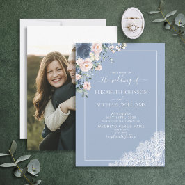 Convites Casamento de Fotografia de Script de Lace Azul-Blu