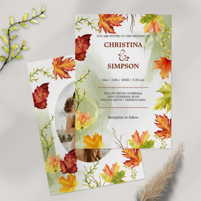 Convites Casamento de Fotografia do Autumn Elegant Watercol (Elegant Yellow Leaves Autumn Photo Wedding Invitation)