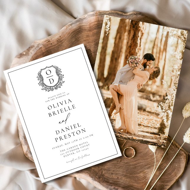 Convites Casamento de Fotografia do Formal Leafy Crest Mono (Criador carregado)