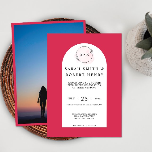 Convites Casamento de Fotografia do Monograma de Arca Rosa  (Front / Back)