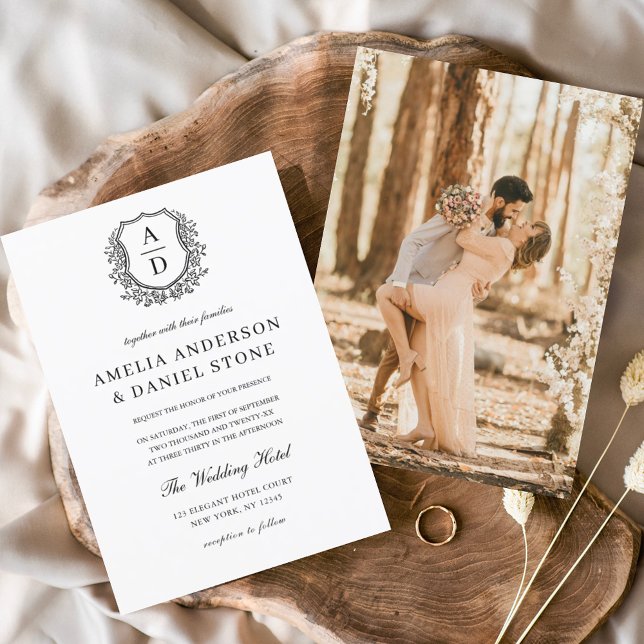 Convites Casamento de Fotografia do Monograma de Crest Flor (Criador carregado)