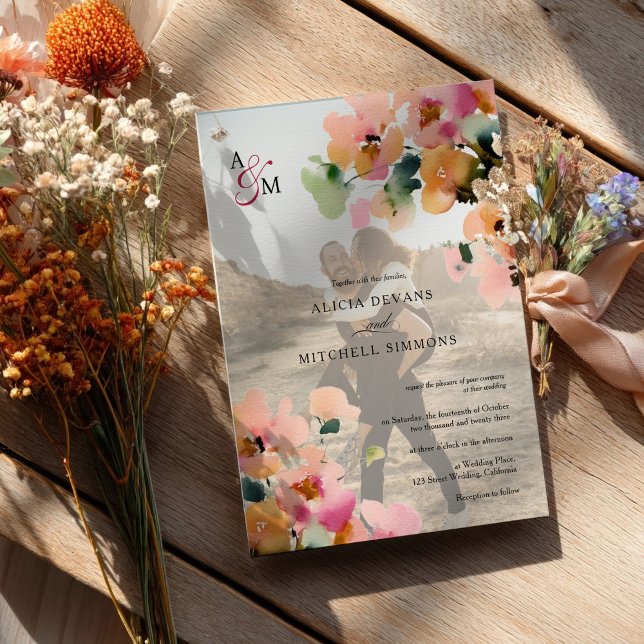 Convites Casamento de Fotografia do Monograma Floral de out (Elegant Autumn Floral Monogram Photo Wedding Invitation)