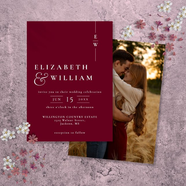Convites Casamento de Fotografia do Monograma Moderno Elega (Burgundy Modern Elegant Monogram Photo Wedding Invitation)