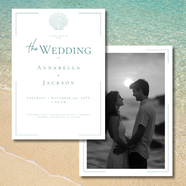 Convites Casamento de Fotografia do Shell Branco da Aqua co (Minimal Typography Aqua White Shell Photo Wedding Invitation)