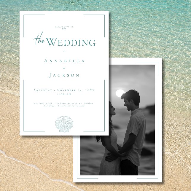 Convites Casamento de Fotografia do Shell Branco da Aqua co (Minimal Typography Aqua White Shell Photo Wedding Invitation)