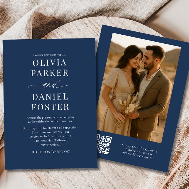 Convites Casamento de Fotografia Elegante do Código QR Azul (Criador carregado)