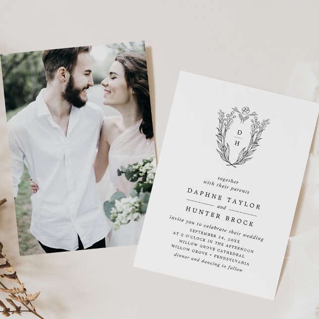 Convites Casamento de Fotografia Floral Branca Negra Clássi (DAPHNE Classic Black White Floral Photo Wedding Invitation)