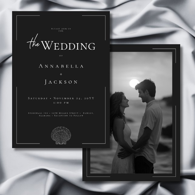 Convites Casamento de Fotografia Mínima da Tipografia Branc (Minimal Typography Black White Shell Photo Wedding Invitation)