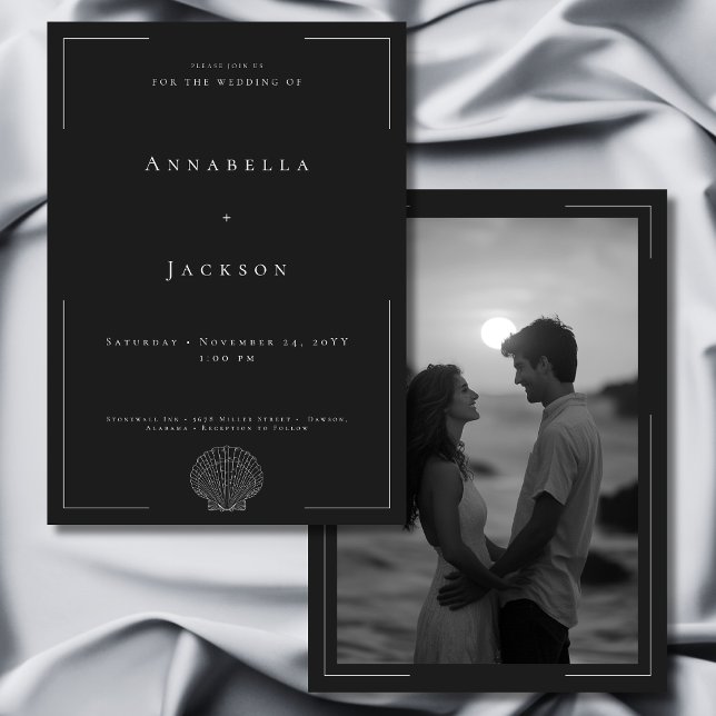 Convites Casamento de Fotografia Mínima da Tipografia Branc (Minimal Typography Black White Shell Photo Wedding Invitation)