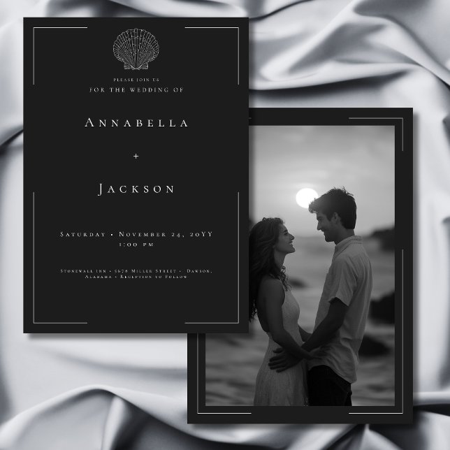 Convites Casamento de Fotografia Mínima da Tipografia Branc (Minimal Typography Black White Shell Photo Wedding Invitation)