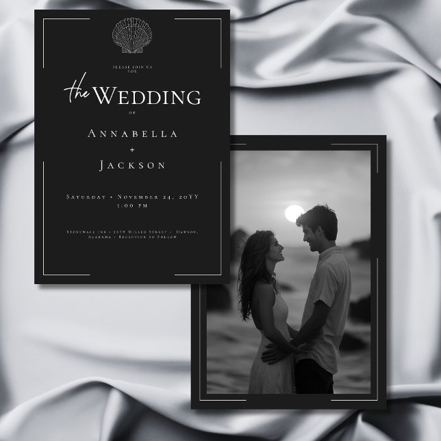 Convites Casamento de Fotografia Mínima da Tipografia Branc (Minimal Typography Black White Shell Photo Wedding Invitation)