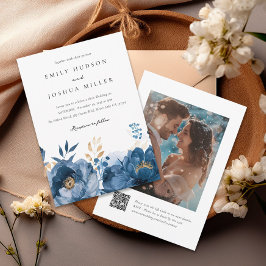 Convites Casamento de Fotografia QR Floral Dourada Dusky Az