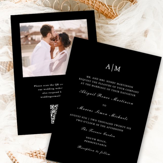 Convites Casamento de Fotografia QR Rsvp do Elegante Black  (Criador carregado)