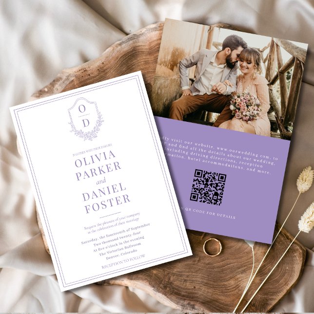 Convites Casamento de Fotografia Roxo Lilac Crest Código QR (Criador carregado)