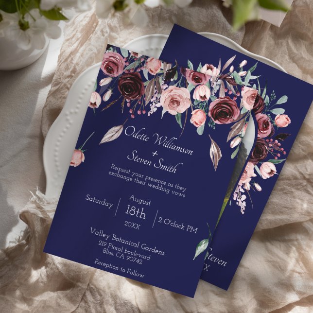 Convites Casamento de Fotografias Botânicas Azul e Borgonha (Elegant Navy Blue and Burgundy Blush Floral Wedding Invitation with Photo Arch)