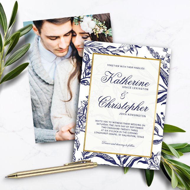 Convites Casamento de Fotografias Botânicas Douradas Azul-M (Elegant Navy Blue Gold Botanical Photo Wedding Invitations)