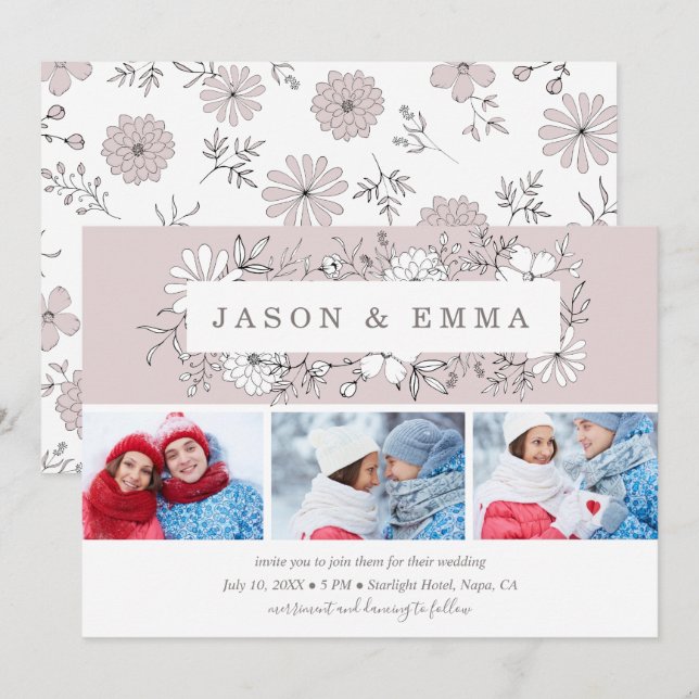 Convites Casamento de Fotografias com Frame Floral Dusty Ro (Frente/Verso)