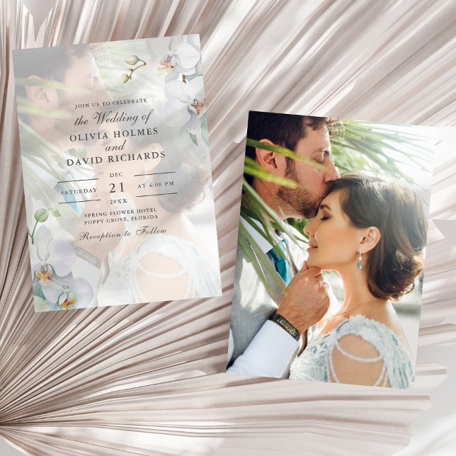 Convites Casamento de Fotografias com Orquídea Branca Minim (Watercolor Minimalist White Orchid Photo Wedding Invitation on a sunny white dry palm leaf.)