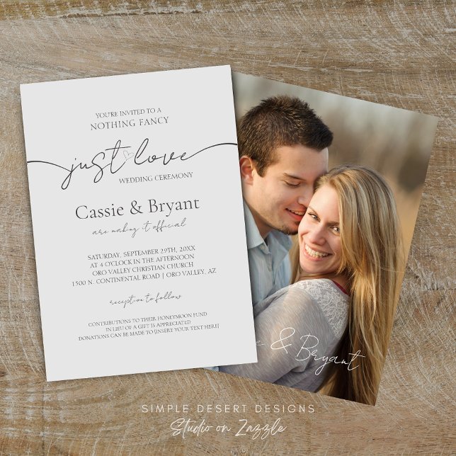 Convites Casamento de Fotografias com Script Moderno Elegan (Minimal Light Grey Wedding Invitation with Modern Script and Photo Back)