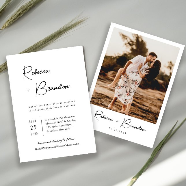 Convites Casamento de Fotografias com Script Preto Minimali (Criador carregado)
