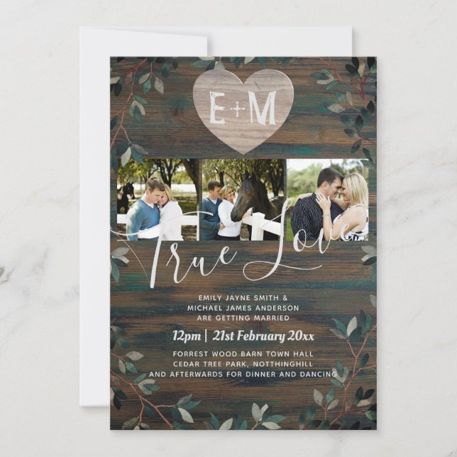 Convites Casamento de Fotografias de Madeira por Iniciais C (Frente)