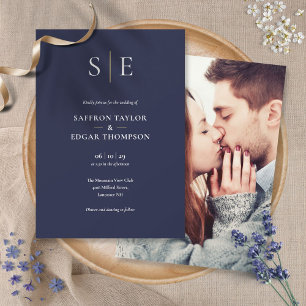 Convites Casamento De Fotografias De Monograma Azul E Doura