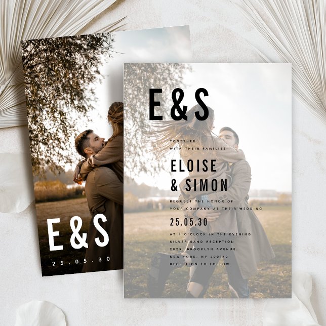 Convites Casamento de Fotografias de Monograma de Grande Ne (Modern Minimalist Big Bold Monogram simple classic  Photo Wedding Invitation)