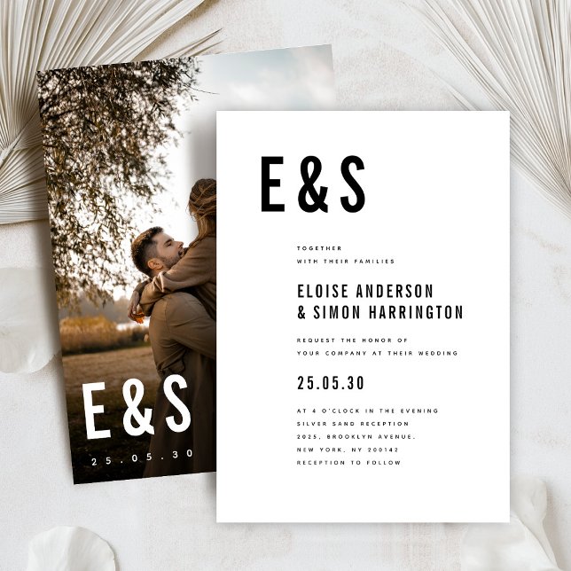 Convites Casamento de Fotografias de Monograma de Grande Ne (Modern Minimalist Big Bold Monogram Simple Classic Photo Wedding Invitation)