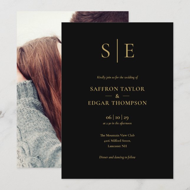 Convites Casamento De Fotografias De Monograma Dourado E Pr (Frente/Verso)