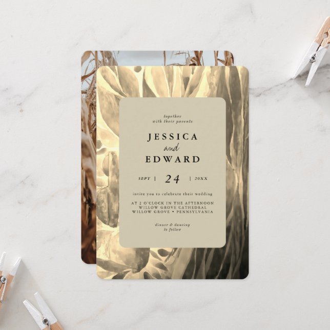 Convites Casamento de Fotografias de Ouro e Preto Elegante (Frente/Verso In Situ)